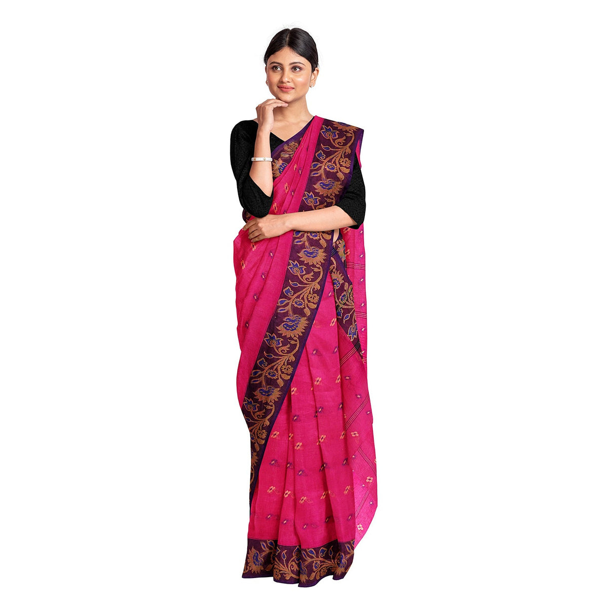 Exclusive Collection 100% Pure Cotton Pink Tant Saree With Hand Weaving Work | Grocsy