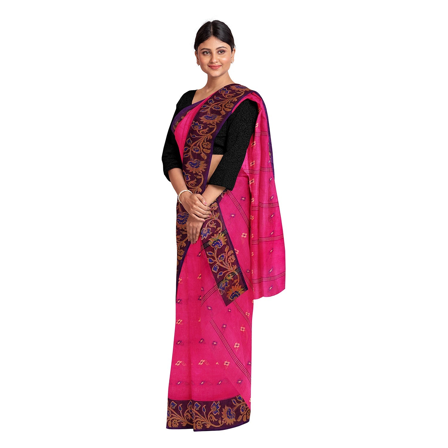 Exclusive Collection 100% Pure Cotton Pink Tant Saree With Hand Weaving Work | Grocsy
