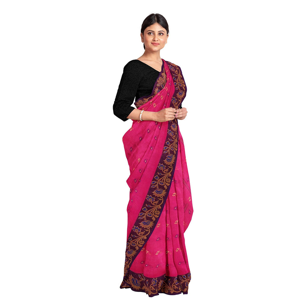 Exclusive Collection 100% Pure Cotton Pink Tant Saree With Hand Weaving Work | Grocsy