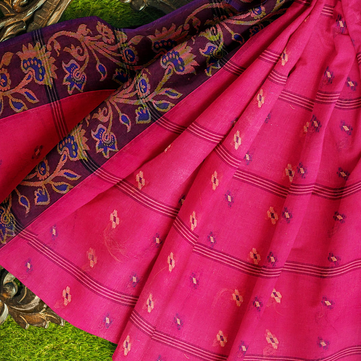 Exclusive Collection 100% Pure Cotton Pink Tant Saree With Hand Weaving Work | Grocsy