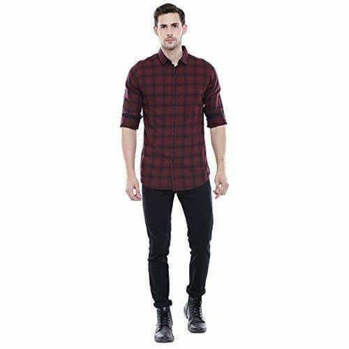 Men's Checkered Maroon Slim Fit Casual Shirt | Grocsy