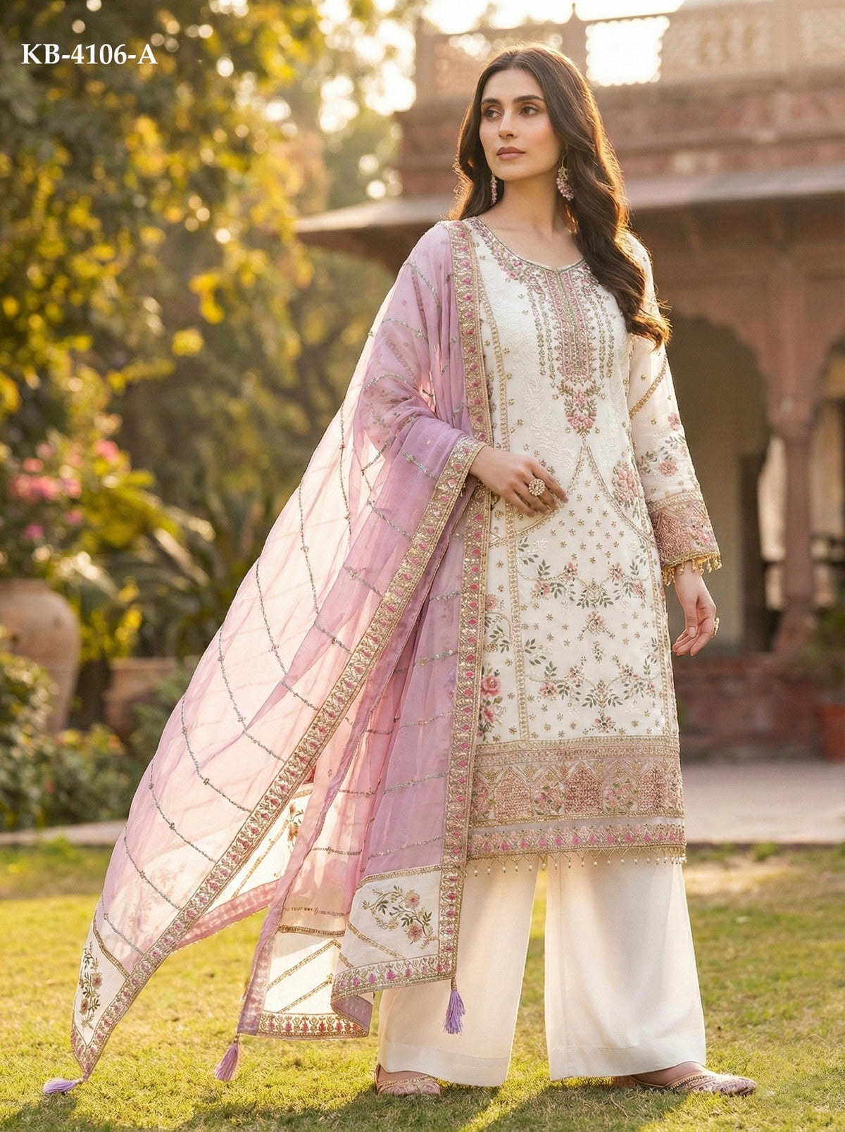 Anaita White Fox Georgette Suit with Embroidery & Khatli Work | Grocsy