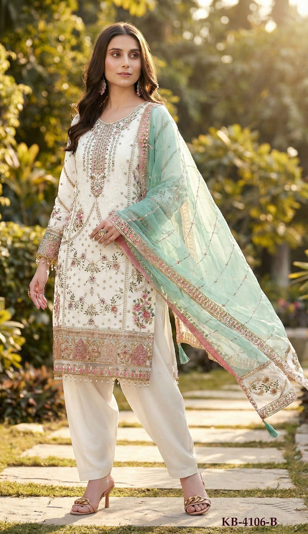Anaita White Fox Georgette Suit with Embroidery & Khatli Work | Grocsy