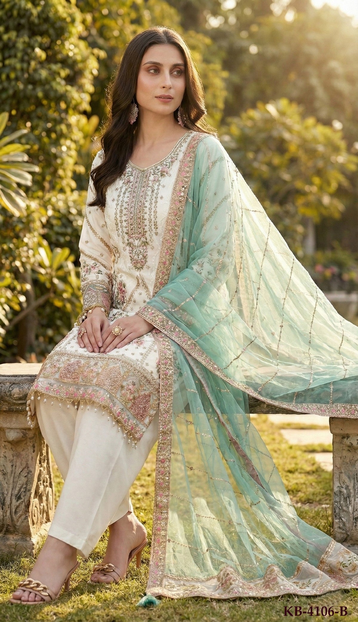 Anaita White Fox Georgette Suit with Embroidery & Khatli Work | Grocsy