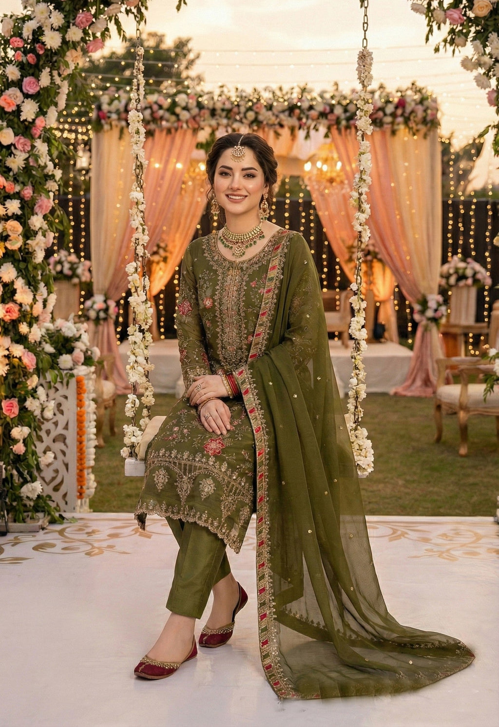 Anaita Mehendi Chiffon Suit with Embroidery & Sequence Work | Grocsy