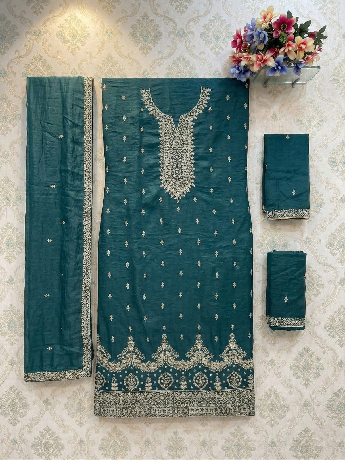 Anaita Teal Green Silk Suit With Embroidery & Sequence Work | Grocsy