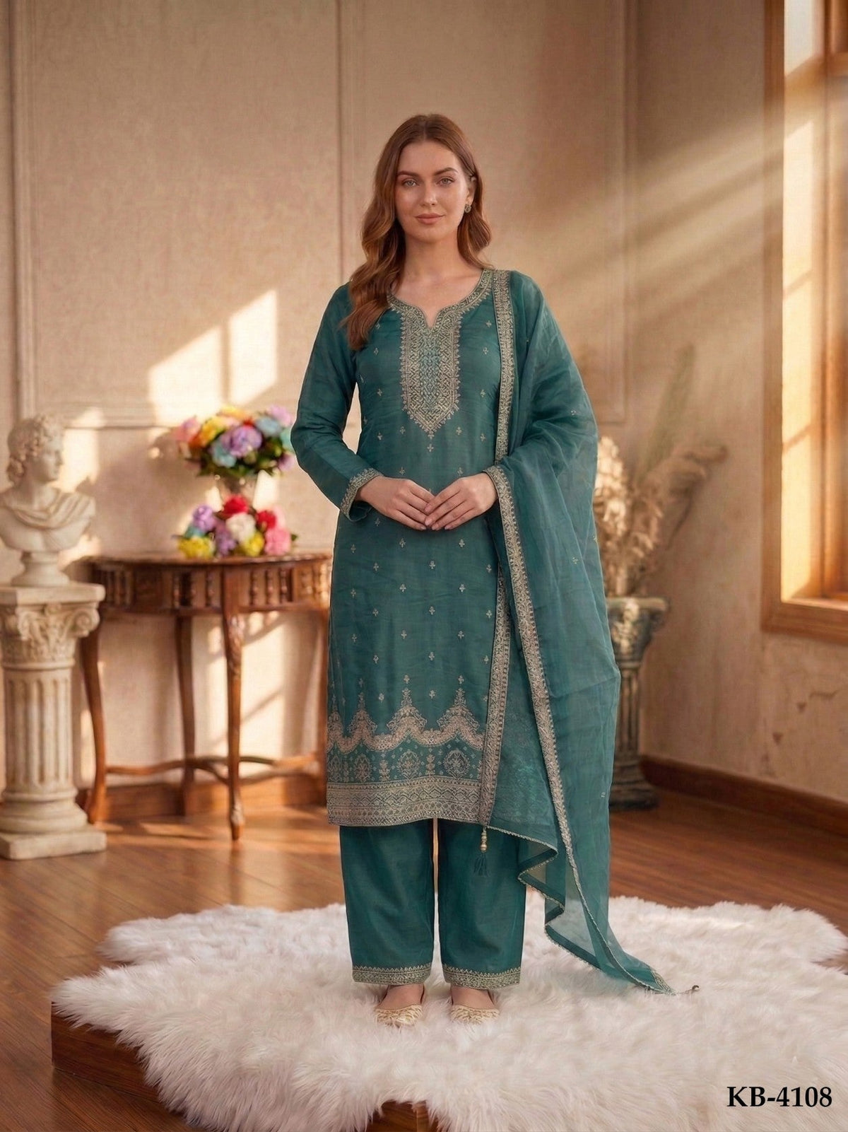 Anaita Teal Green Silk Suit With Embroidery & Sequence Work | Grocsy