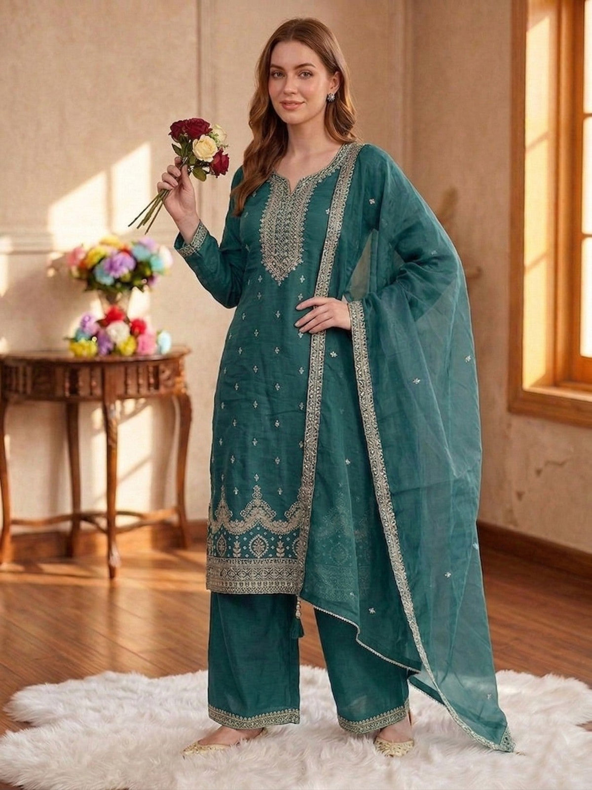 Anaita Teal Green Silk Suit With Embroidery & Sequence Work | Grocsy