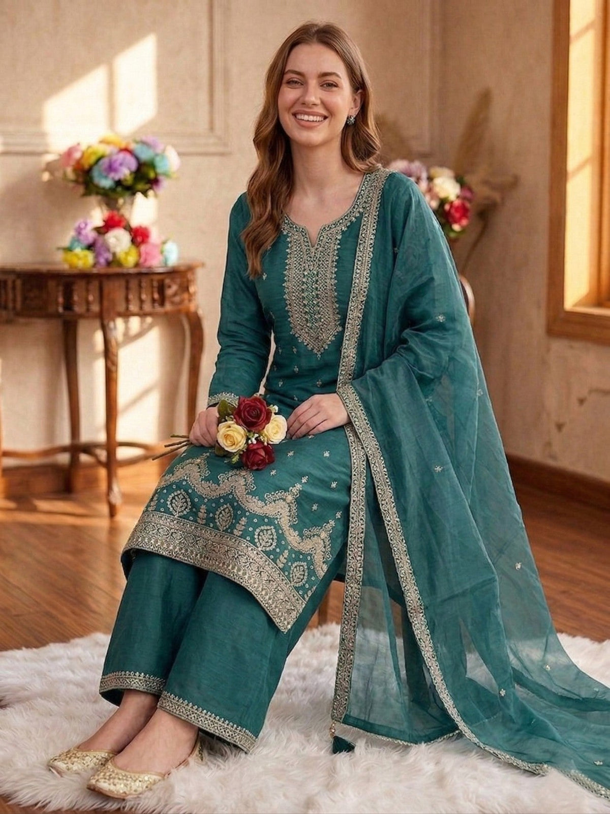 Anaita Teal Green Silk Suit With Embroidery & Sequence Work | Grocsy