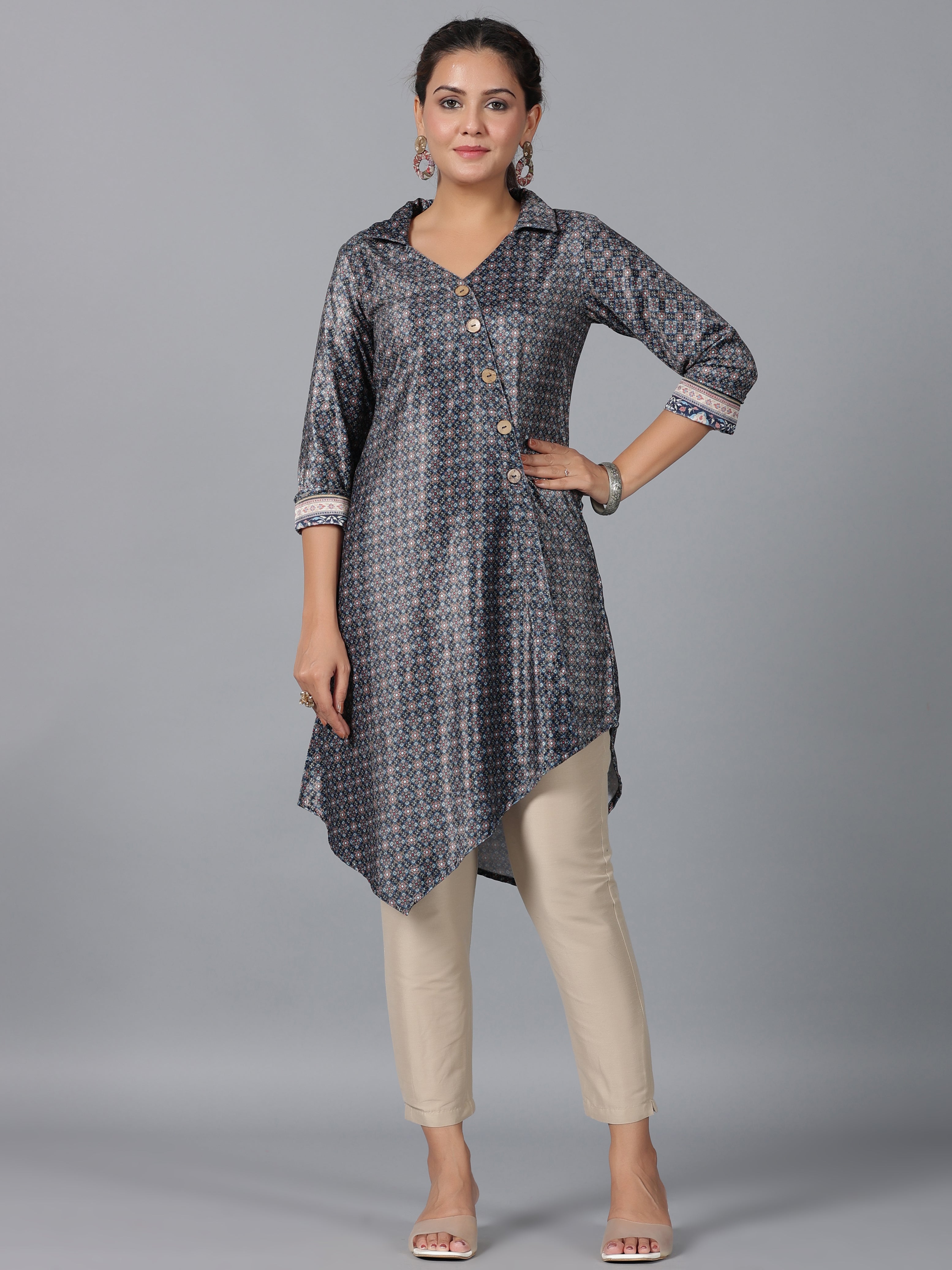 Juniper Women Green Velvet Printed Asymmetric Kurta | Grocsy