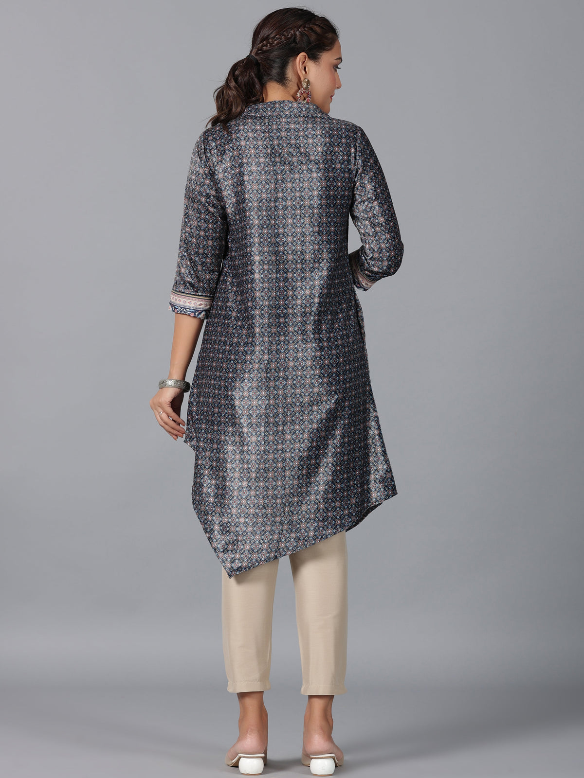 Juniper Women Green Velvet Printed Asymmetric Kurta | Grocsy