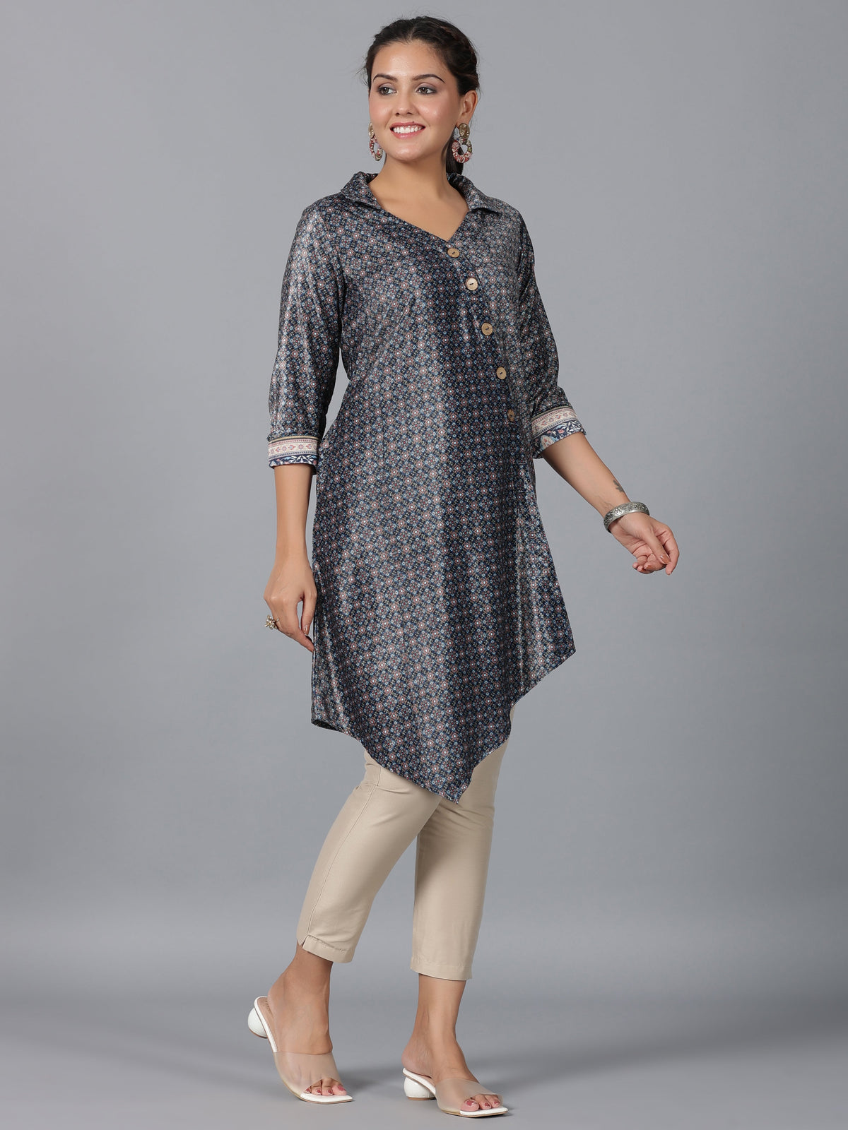 Juniper Women Green Velvet Printed Asymmetric Kurta | Grocsy