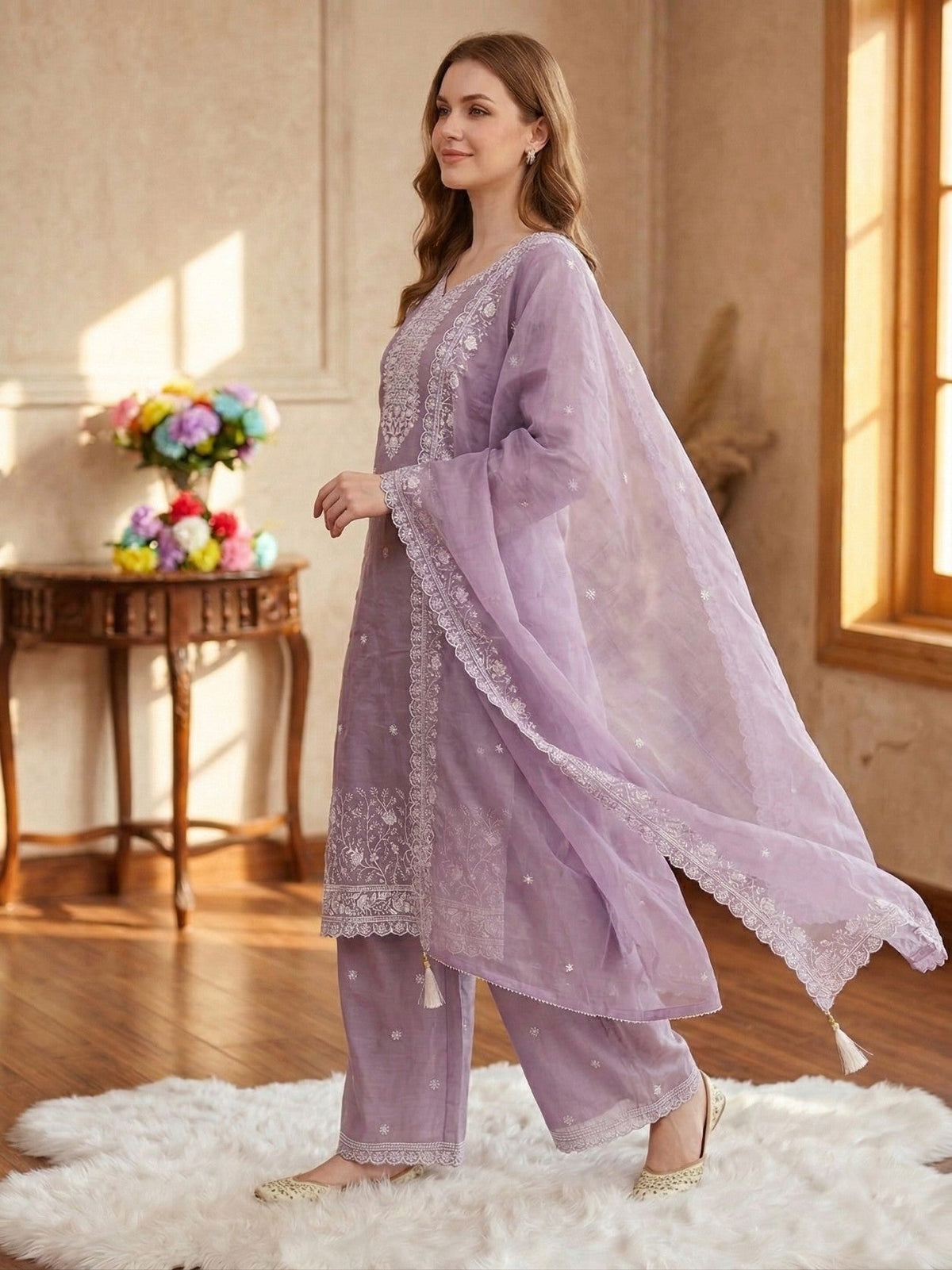 Anaita Lavender Silk Suit With Embroidery & Sequence Work | Grocsy