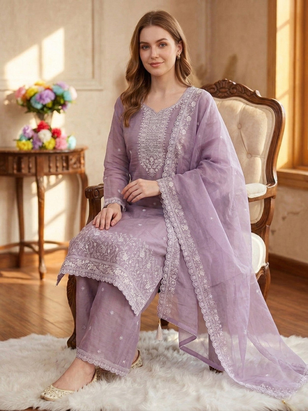 Anaita Lavender Silk Suit With Embroidery & Sequence Work | Grocsy