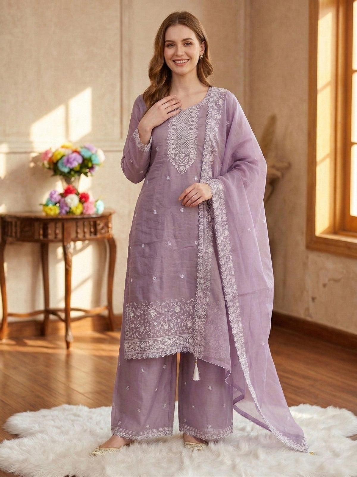 Anaita Lavender Silk Suit With Embroidery & Sequence Work | Grocsy