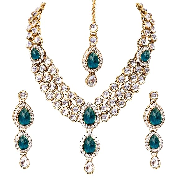 Tehzeeb Creations Traditional Gold-Polished Kundan Necklace Set for Girls & Women | Grocsy
