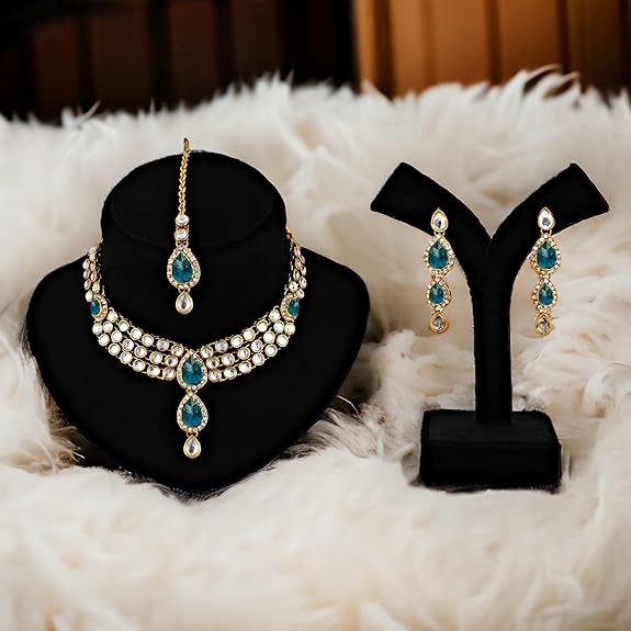 Tehzeeb Creations Traditional Gold-Polished Kundan Necklace Set for Girls & Women | Grocsy
