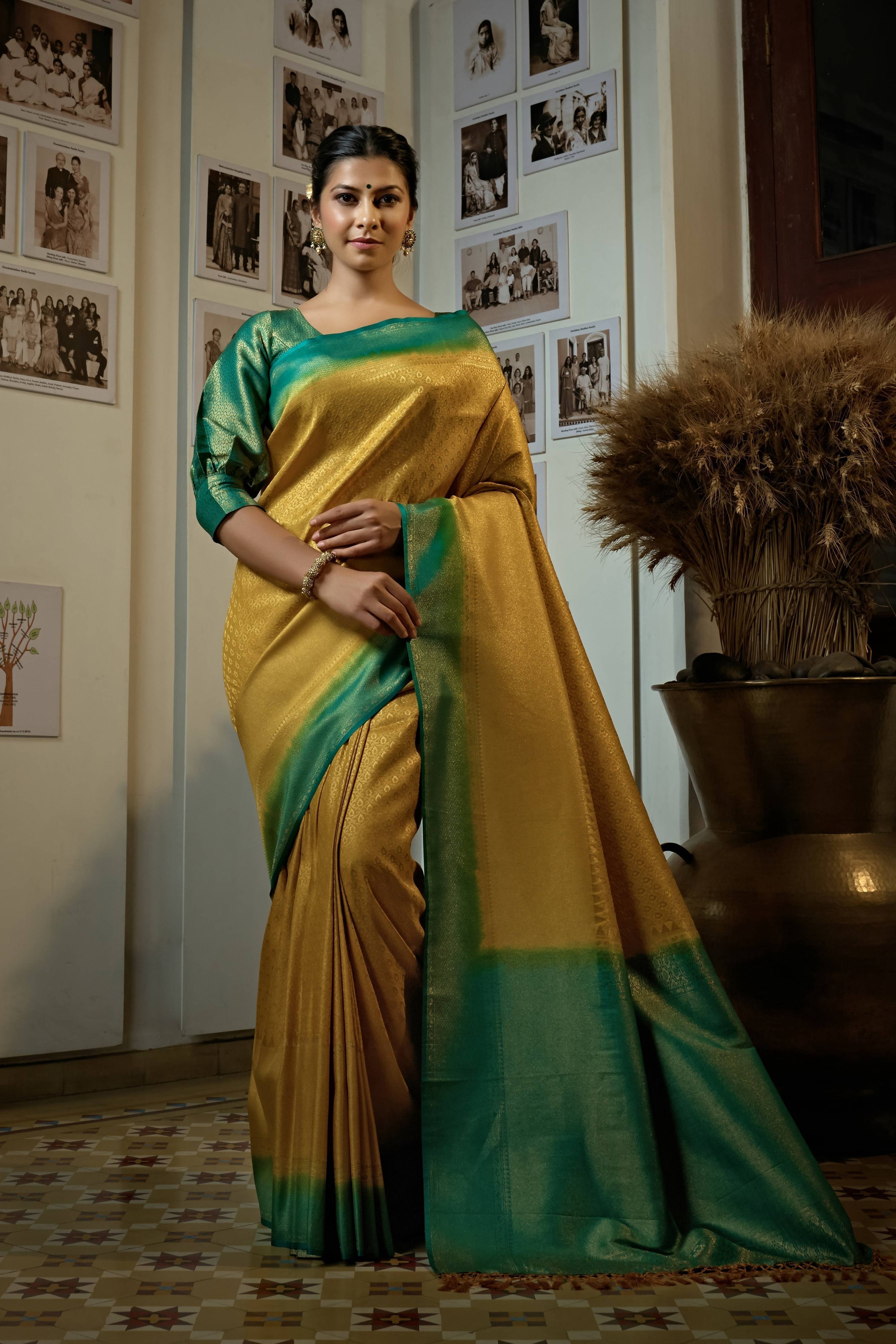 Vardha Canary Yellow Golden Zari Kanjeevaram Silk Saree | Grocsy