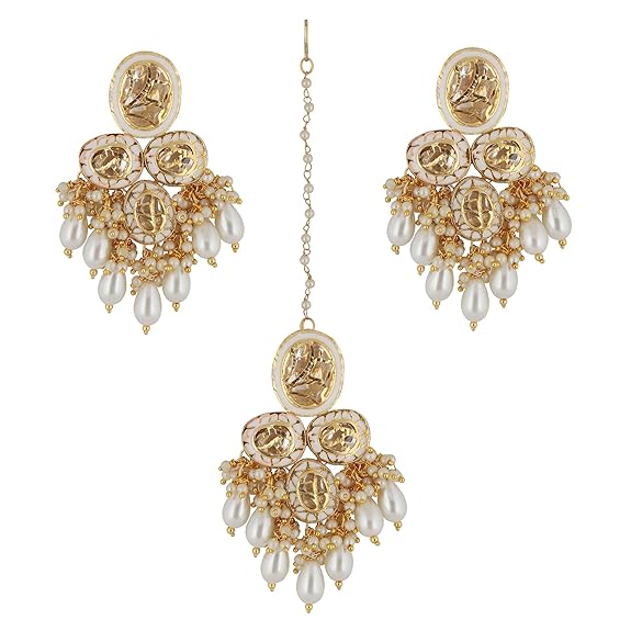 Tehzeeb Creations Back Meenakari Gold-Polished Set with Earring and Mang Tika Combo Uncut Big Faux Kundan Choker Necklace set | Grocsy