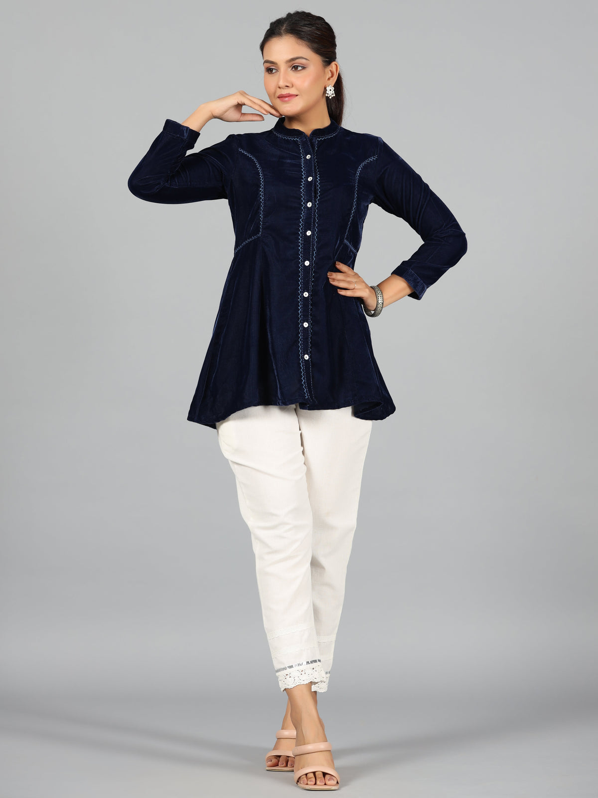 Juniper Women Blue Velvet Solid A-Line Tunic | Grocsy