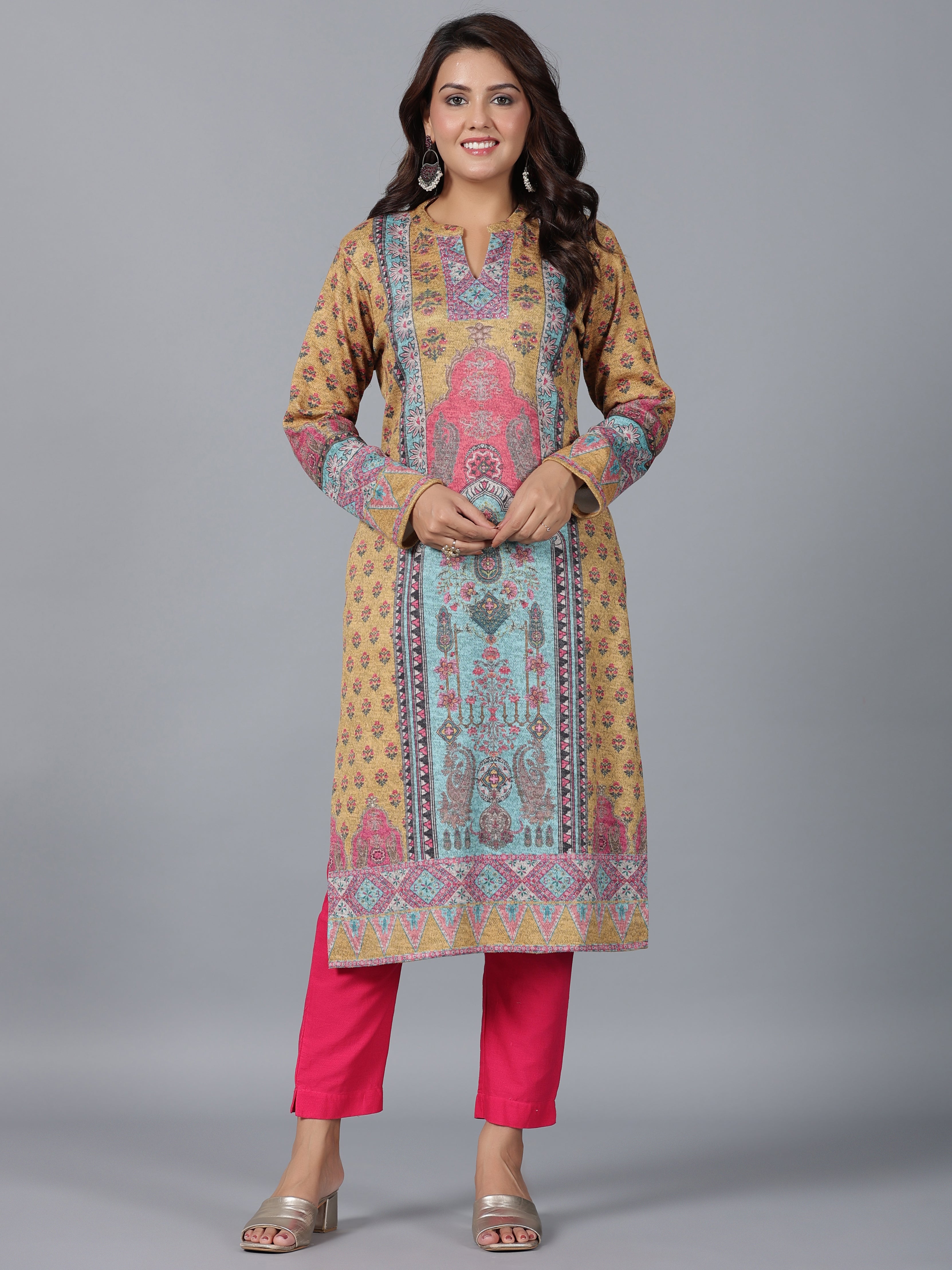 Juniper Women Mustard Printed Woolen Straight Kurta | Grocsy