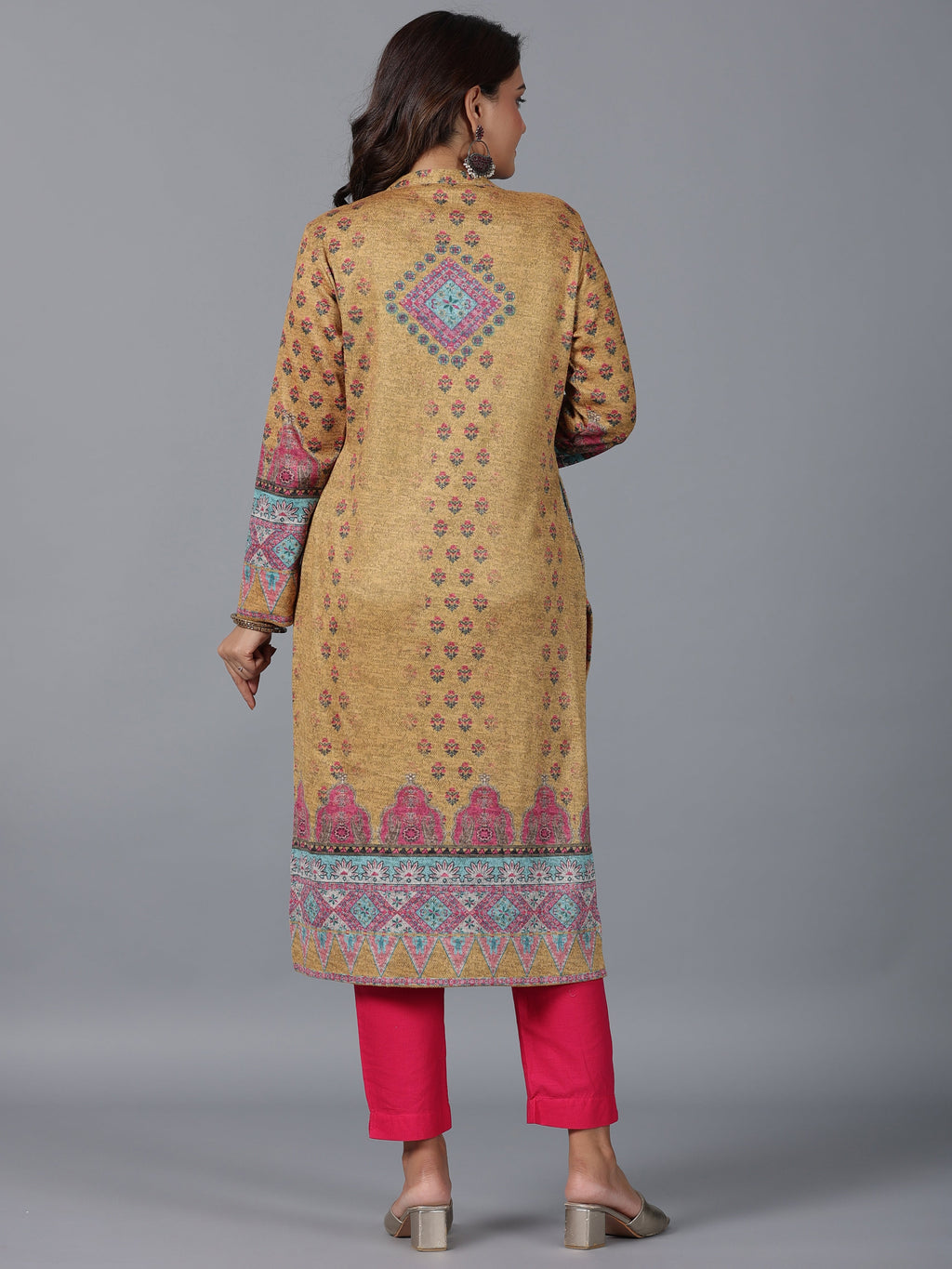 Juniper Women Mustard Printed Woolen Straight Kurta | Grocsy