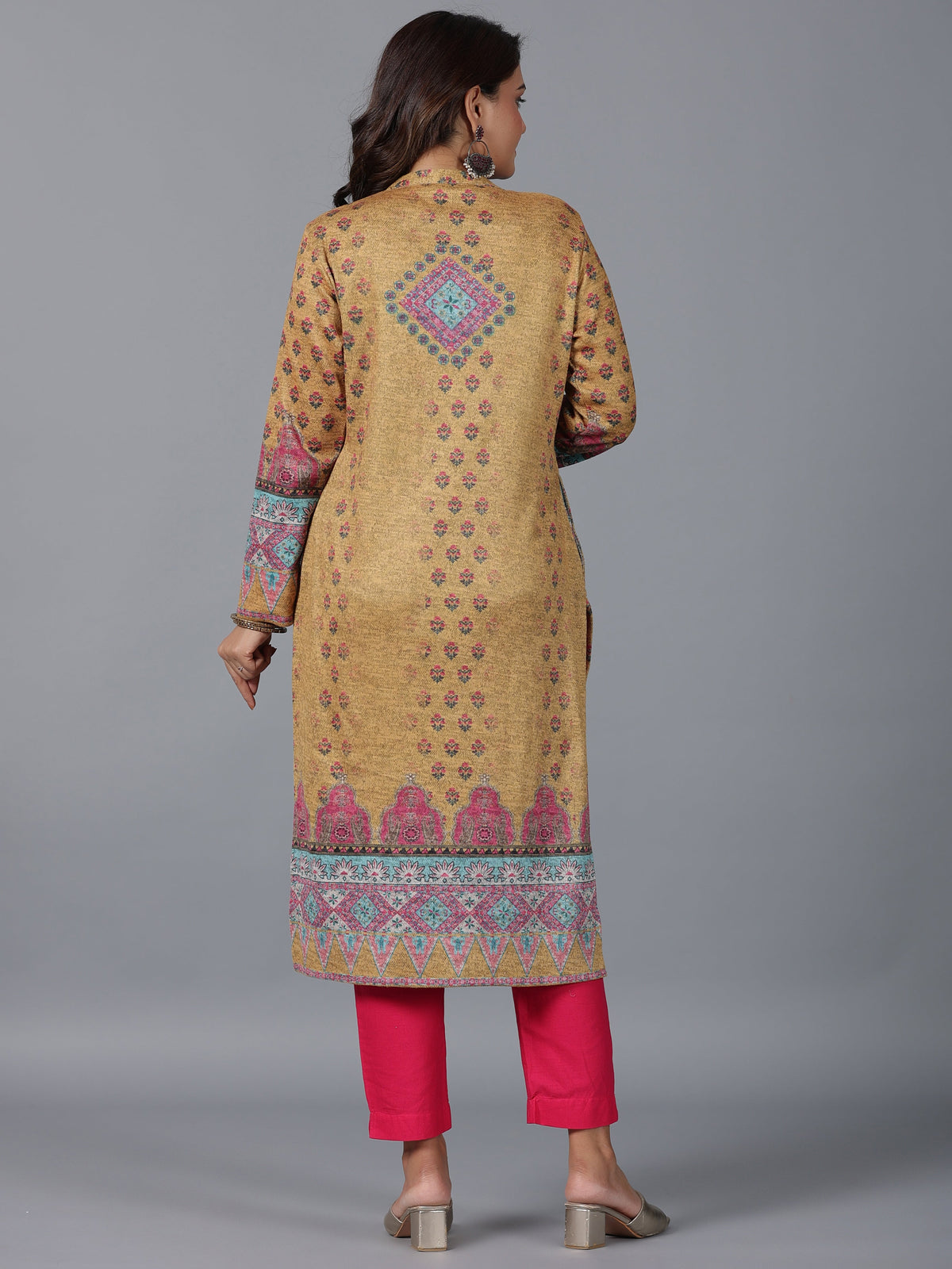 Juniper Women Mustard Printed Woolen Straight Kurta | Grocsy