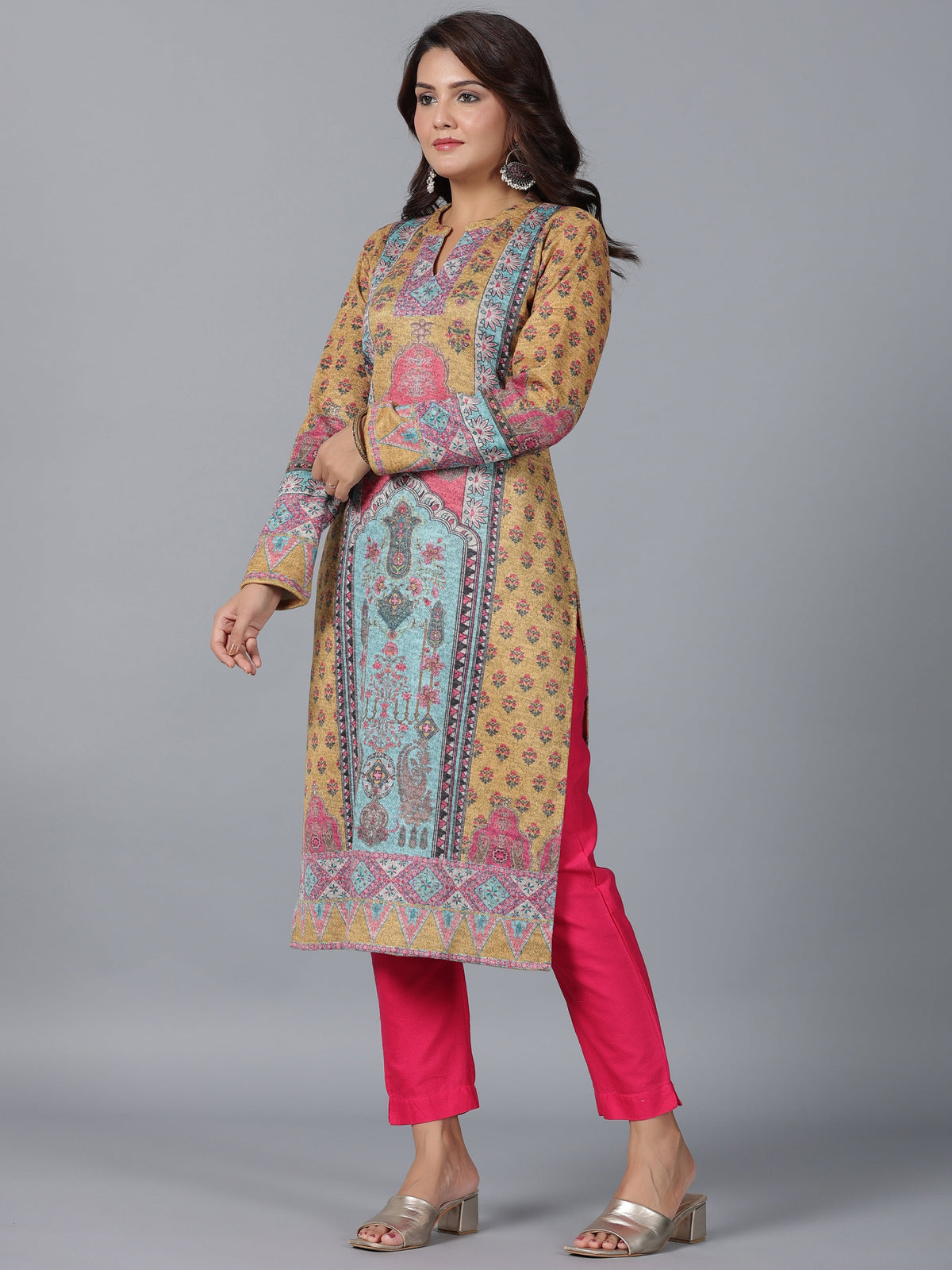 Juniper Women Mustard Printed Woolen Straight Kurta | Grocsy