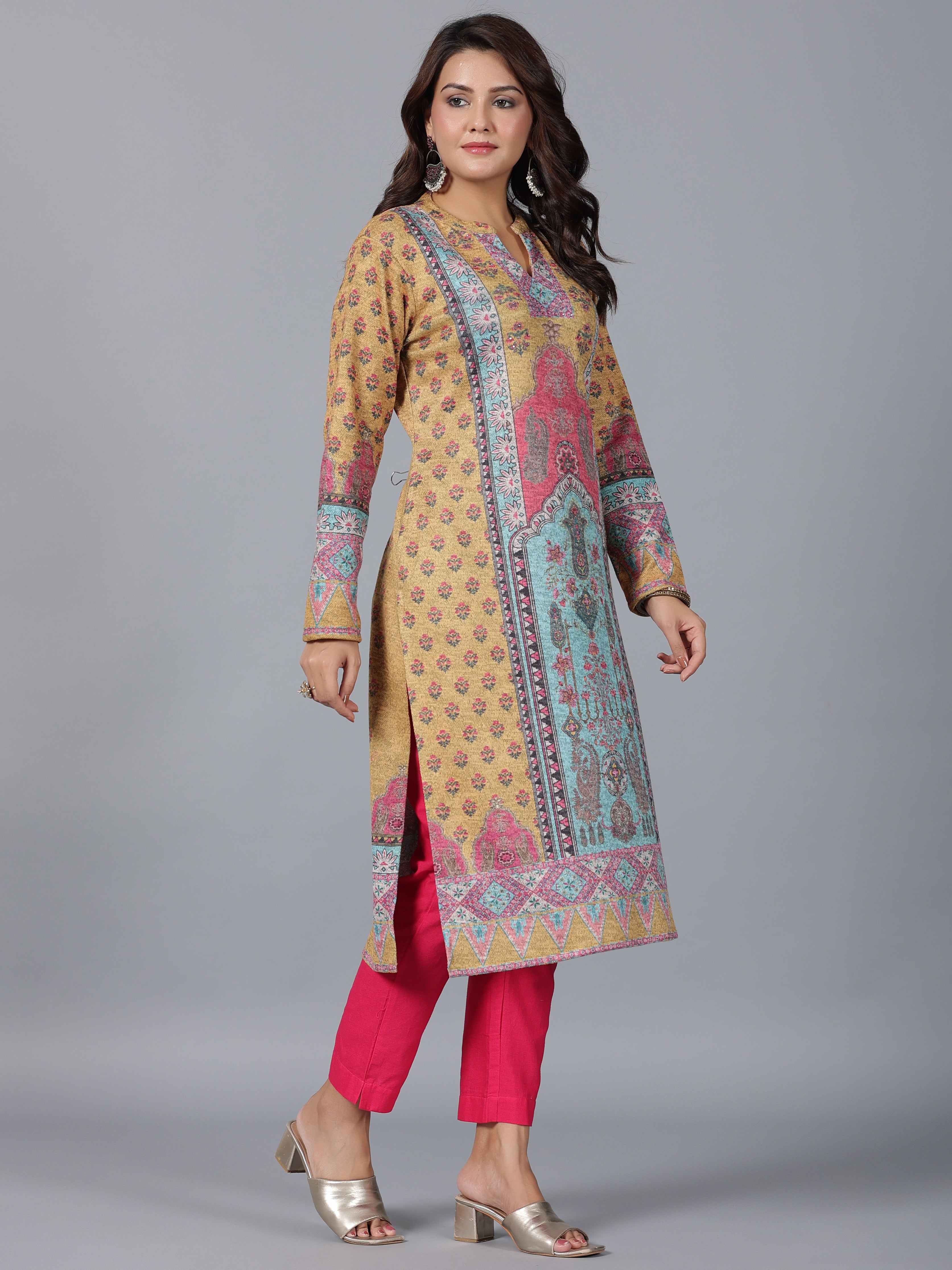 Juniper Women Mustard Printed Woolen Straight Kurta | Grocsy