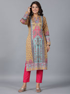 Juniper Women Mustard Printed Woolen Straight Kurta | Grocsy