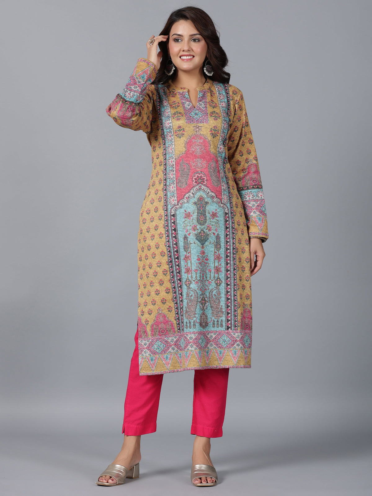 Juniper Women Mustard Printed Woolen Straight Kurta | Grocsy