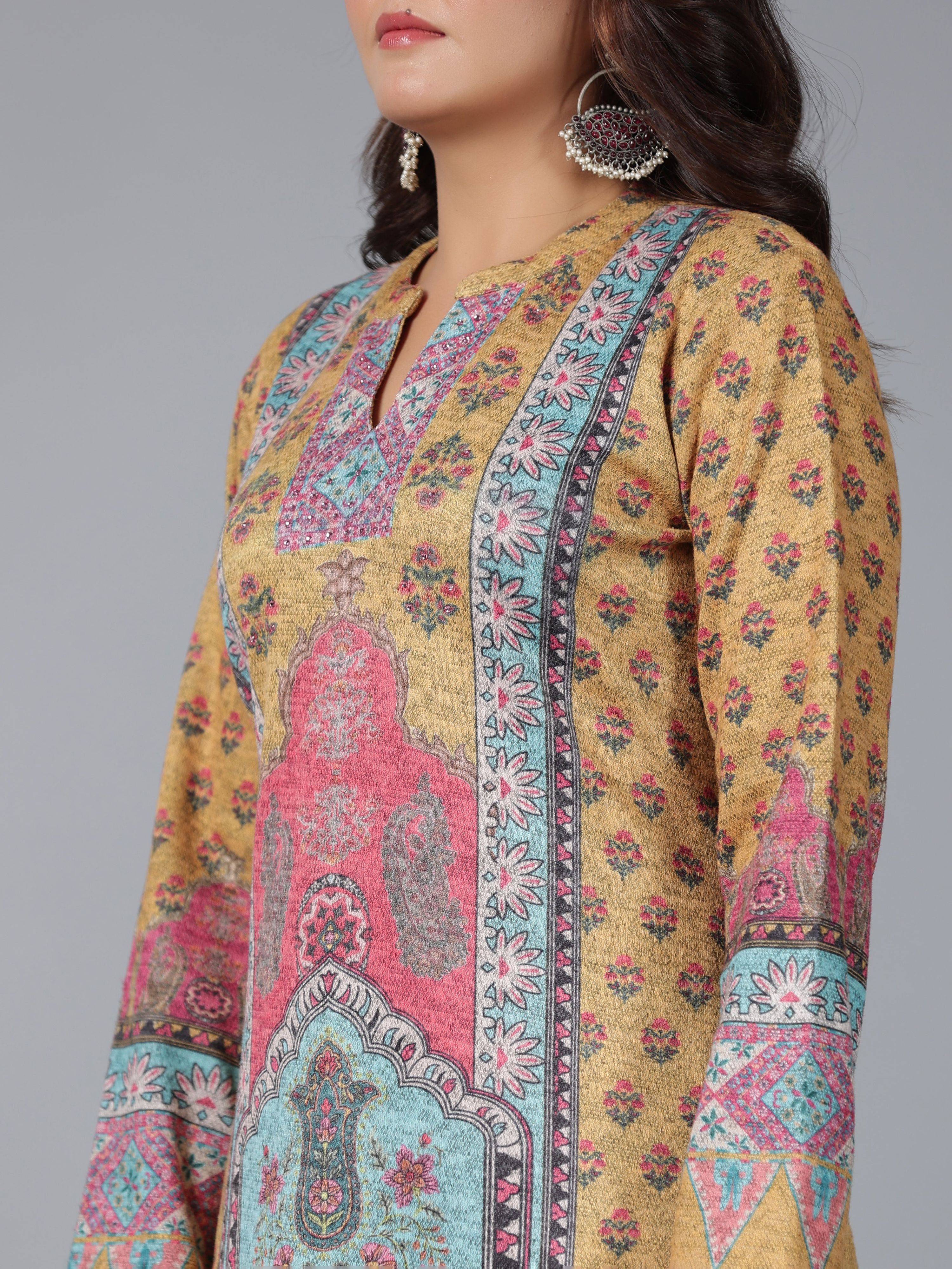 Juniper Women Mustard Printed Woolen Straight Kurta | Grocsy