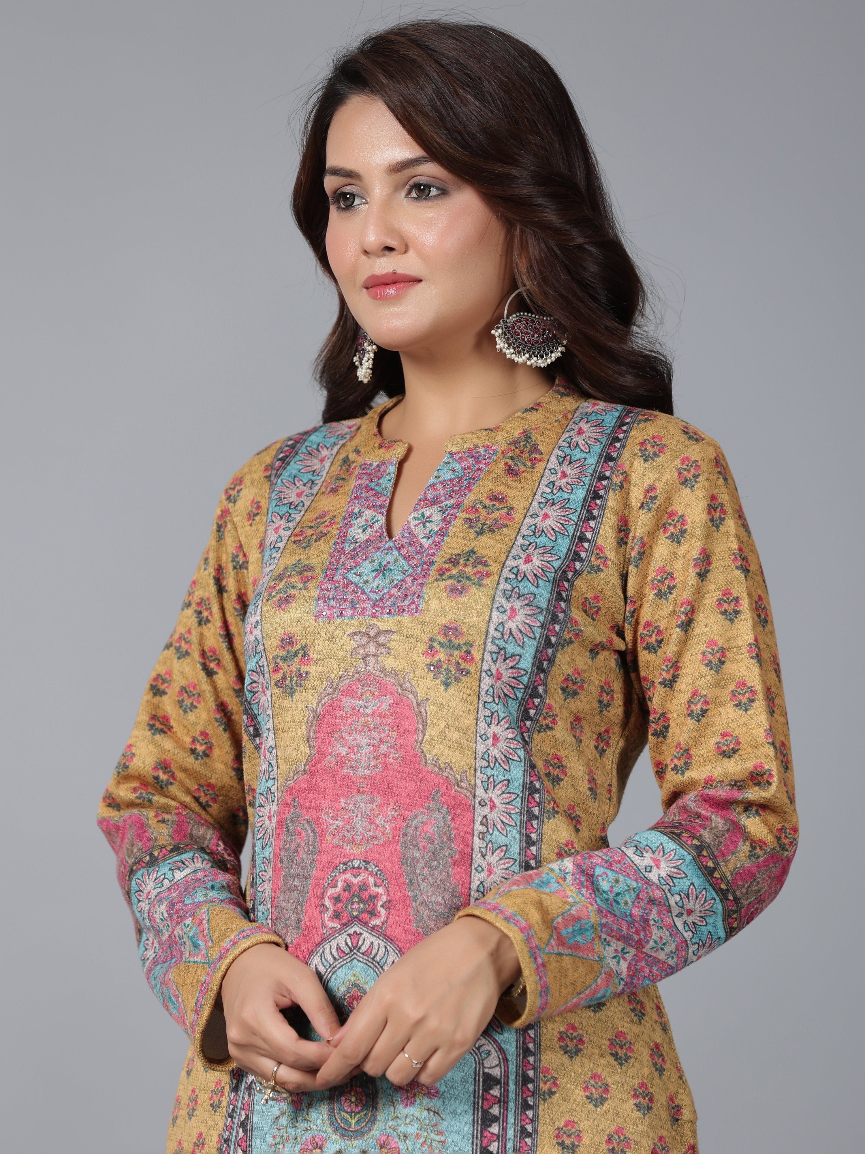 Juniper Women Mustard Printed Woolen Straight Kurta | Grocsy