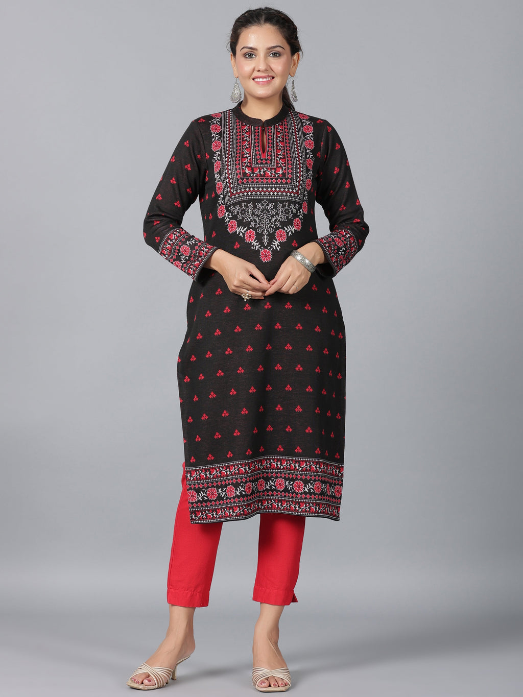 Juniper Women Black Printed Woolen Straight Kurta | Grocsy