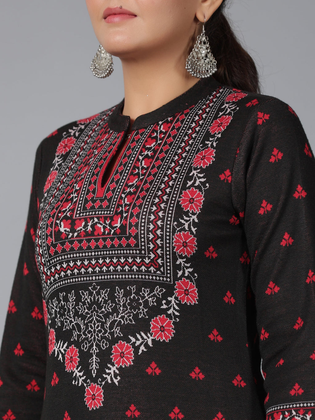 Juniper Women Black Printed Woolen Straight Kurta | Grocsy