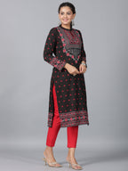 Juniper Women Black Printed Woolen Straight Kurta | Grocsy