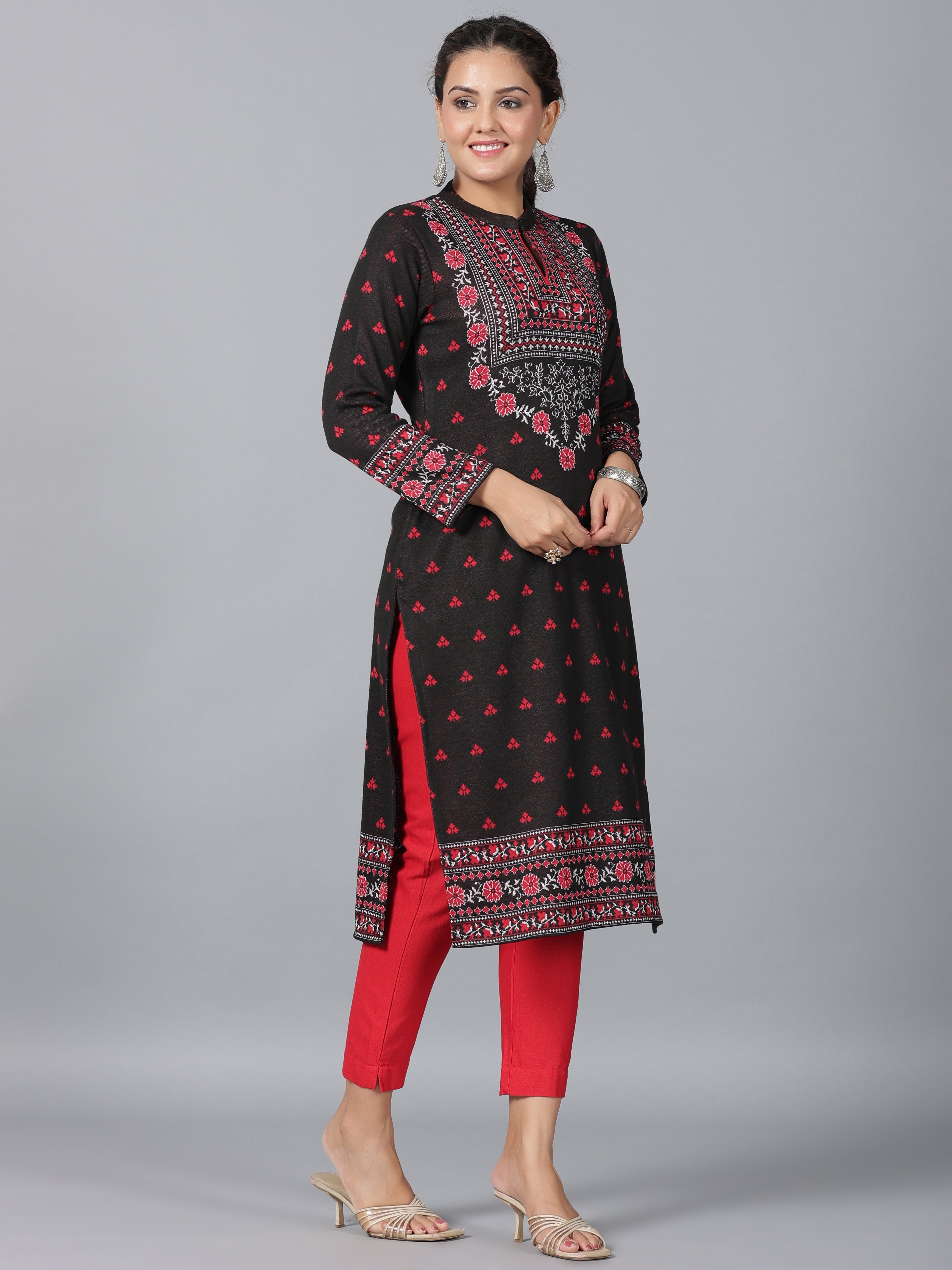 Juniper Women Black Printed Woolen Straight Kurta | Grocsy
