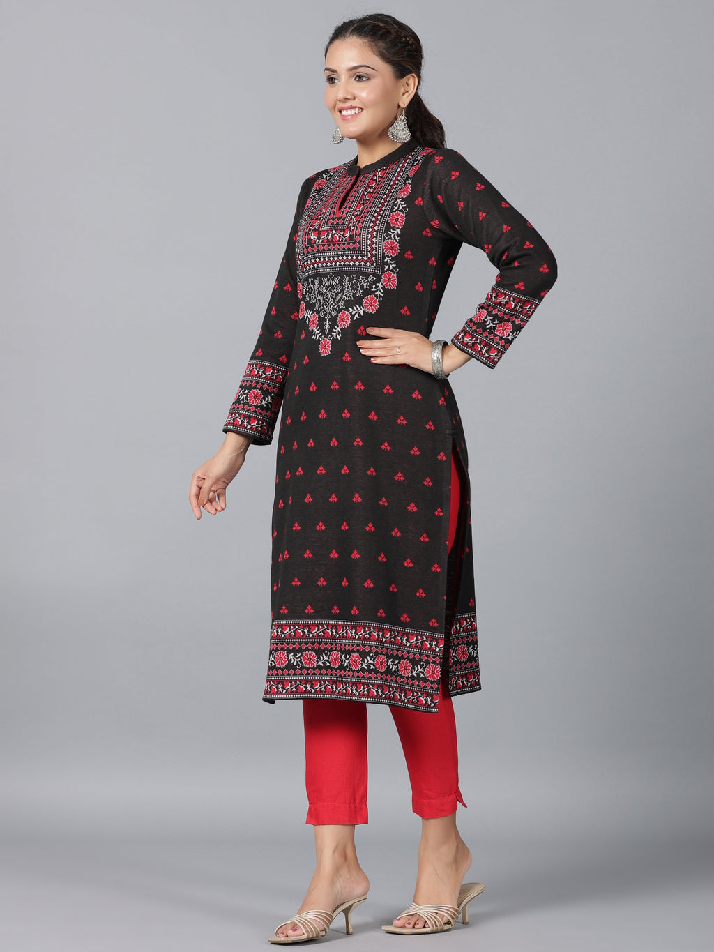 Juniper Women Black Printed Woolen Straight Kurta | Grocsy