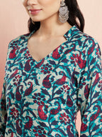 Aks Floral Printed V-Neck Pure Cotton Kurta with Salwar | Grocsy