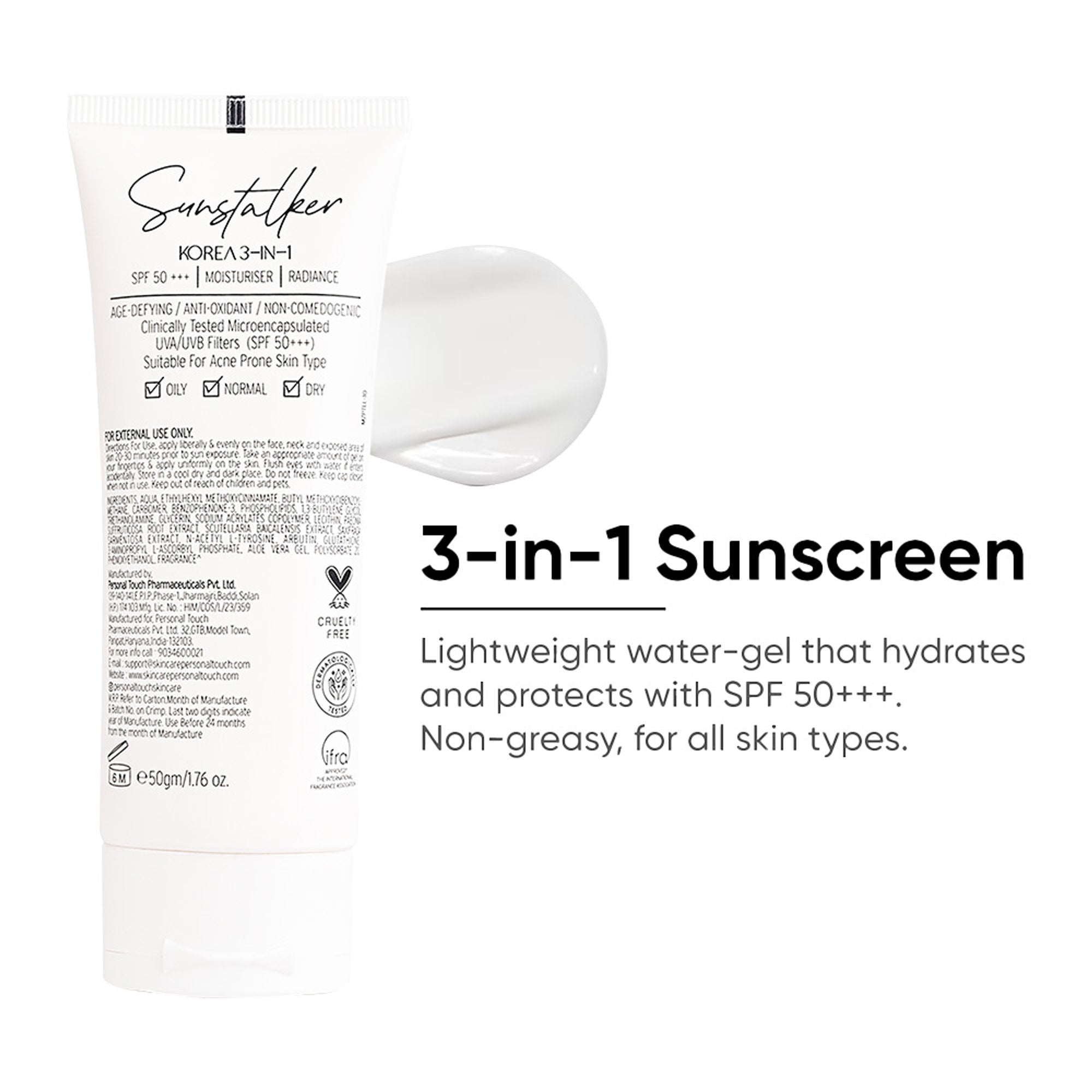 Personal Touch Skincare Sunstalker Korea Aqua Gel Sunscreen SPF 50 PA +++ For Oily, Dry & Normal Skin | Grocsy