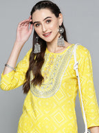 HERE&NOW Women Yellow & White Ethnic Motifs Printed Embroidered Work Kurta | Grocsy