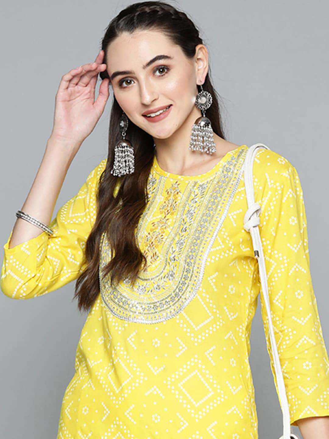 HERE&NOW Women Yellow & White Ethnic Motifs Printed Embroidered Work Kurta | Grocsy
