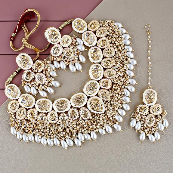 Tehzeeb Creations Back Meenakari Gold-Polished Set with Earring and Mang Tika Combo Uncut Big Faux Kundan Choker Necklace set | Grocsy