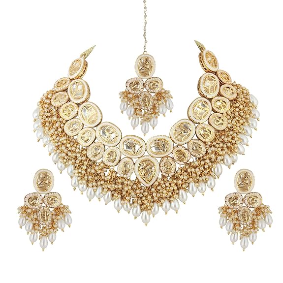 Tehzeeb Creations Back Meenakari Gold-Polished Set with Earring and Mang Tika Combo Uncut Big Faux Kundan Choker Necklace set | Grocsy