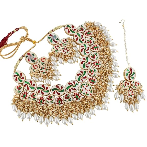 Tehzeeb Creations Back Meenakari Gold-Polished Set with Earring and Mang Tika Combo Uncut Big Faux Kundan Choker Necklace set | Grocsy