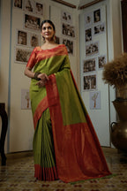 Vardha Shamrock Green Golden Zari Kanjeevaram Silk Saree | Grocsy