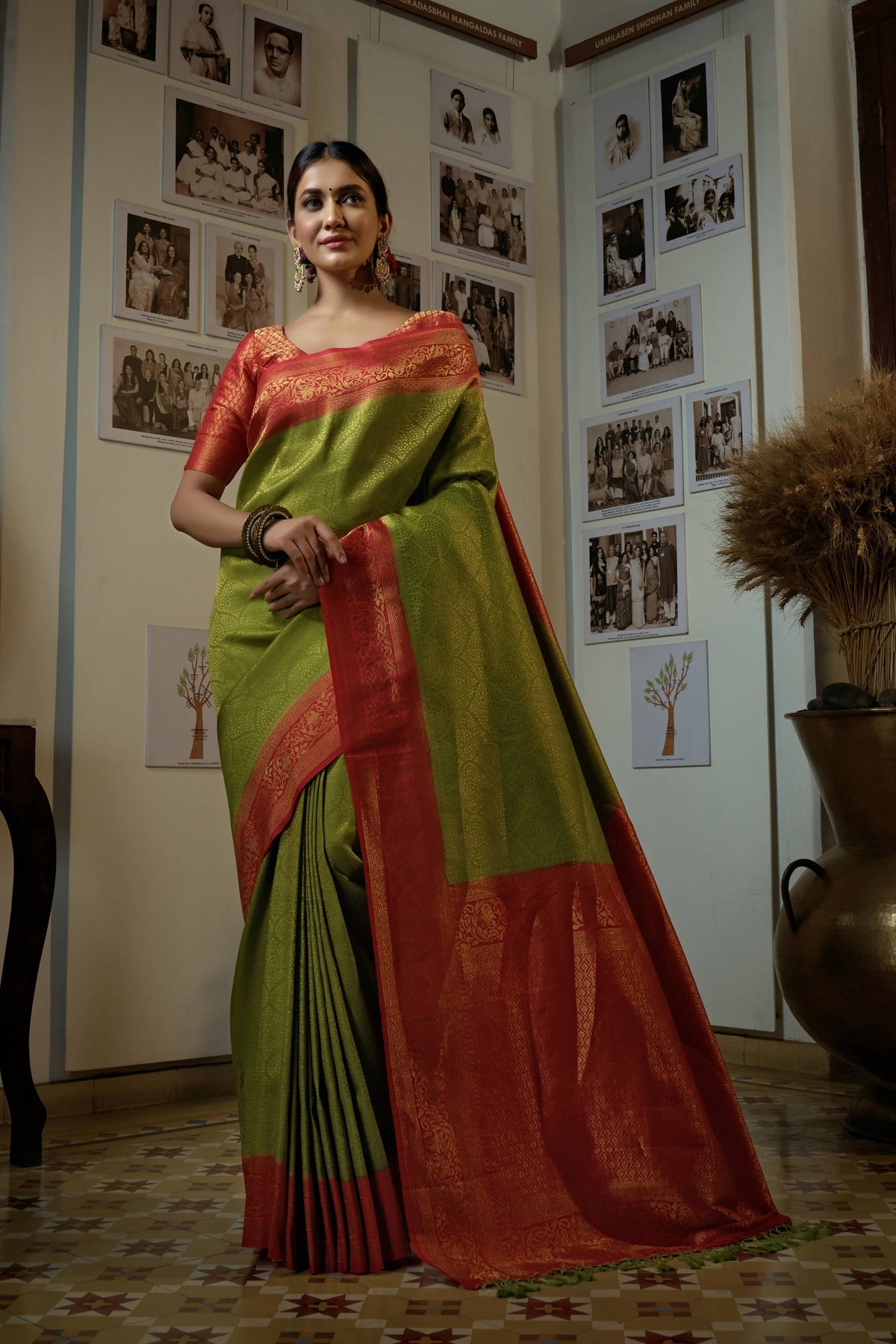 Vardha Shamrock Green Golden Zari Kanjeevaram Silk Saree | Grocsy