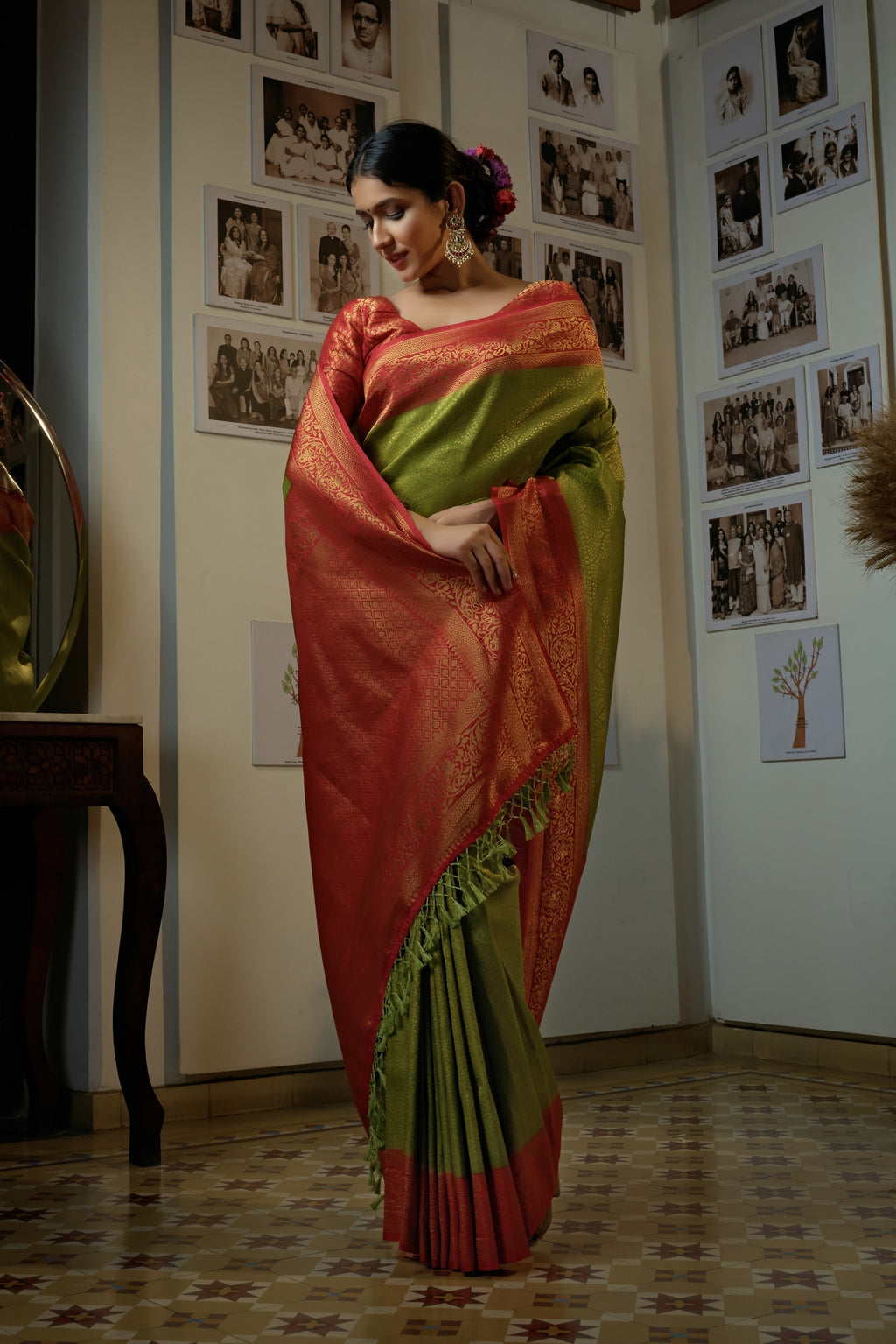 Vardha Shamrock Green Golden Zari Kanjeevaram Silk Saree | Grocsy
