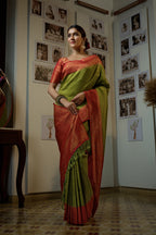 Vardha Shamrock Green Golden Zari Kanjeevaram Silk Saree | Grocsy