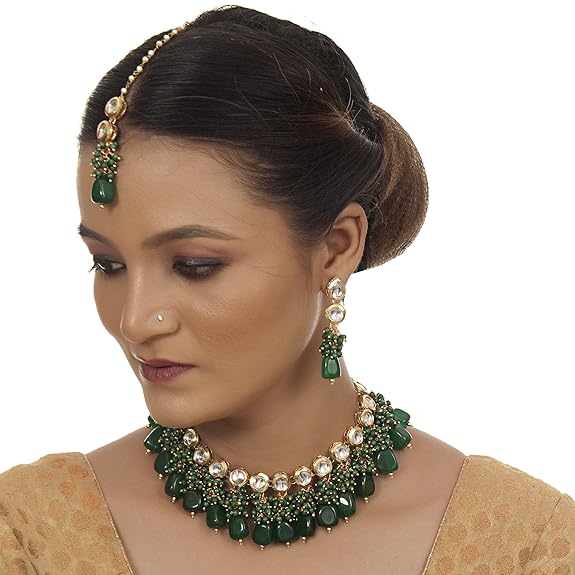 Tehzeeb Creations Back Meenakari Gold-Polished Tika Earring Jewellery Set Uncut Kundan Big Faux Kundan Dibbi Kundan Choker Necklace Set | Grocsy